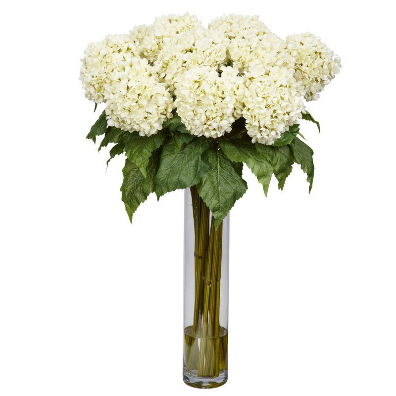 White Hydrangea Silk Flower Arrangement with Tall Vase