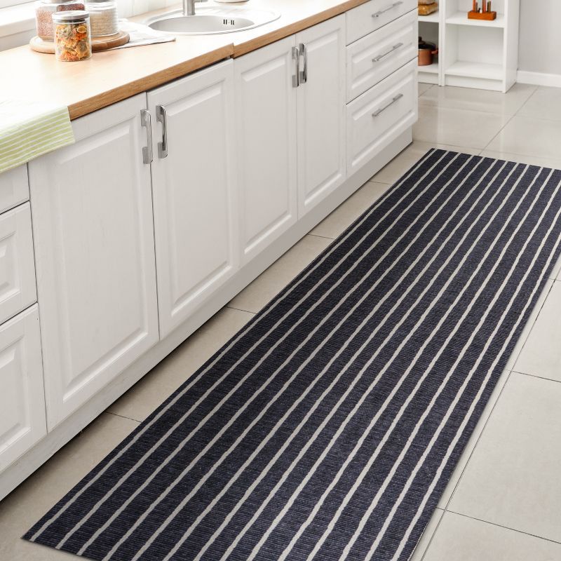 Gray and Navy Striped Machine-Washable Runner Rug