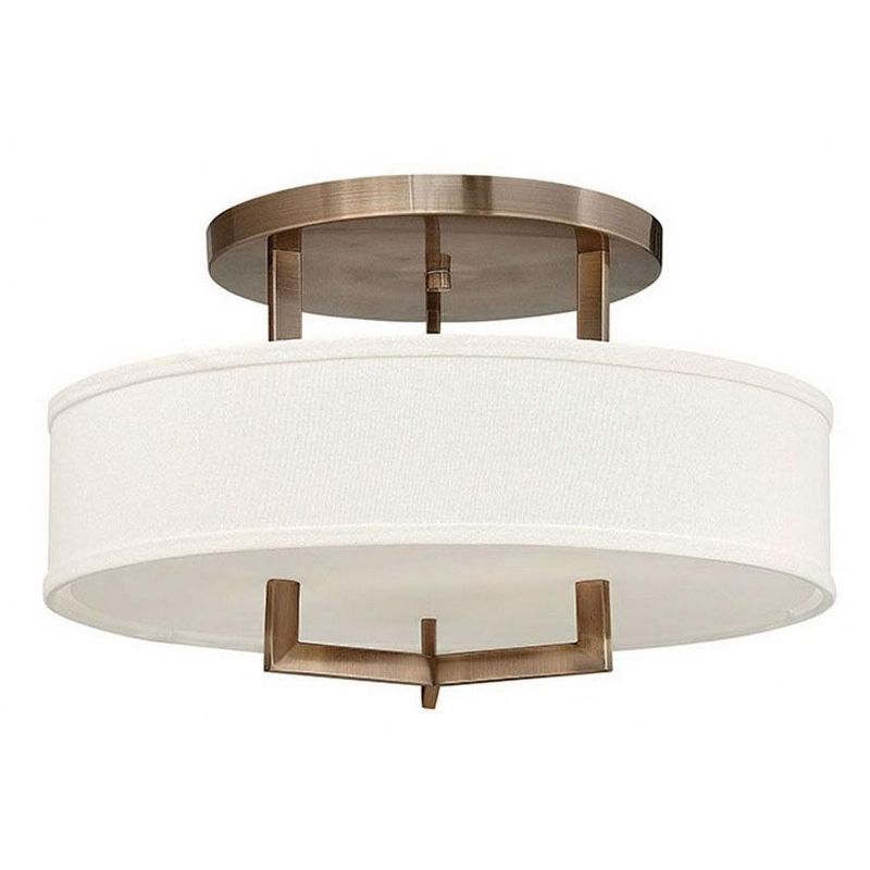 Transitional Hampton Brushed Bronze 1-Light Semi-Flush Mount with Off-White Linen Shade