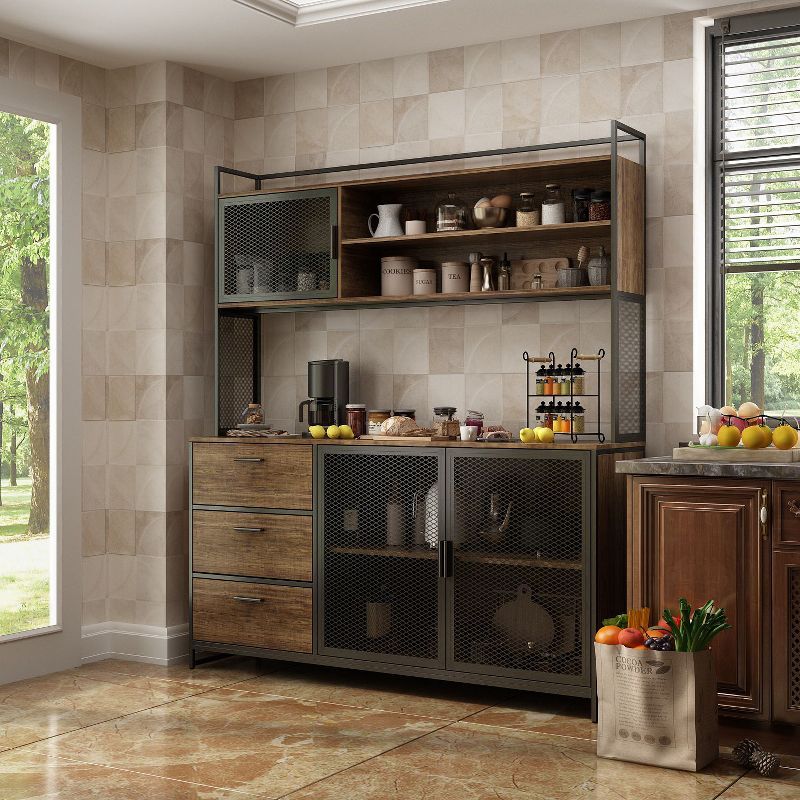 Brown Wood and Metal Mesh 3-Door Kitchen Pantry Cabinet