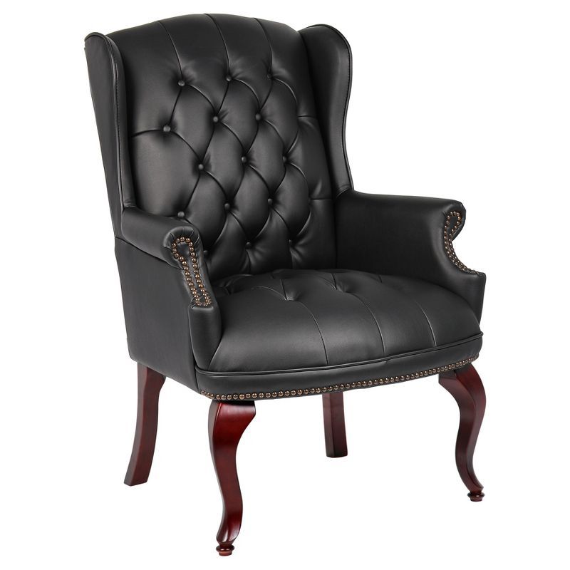 Ergonomic Wingback Vinyl Guest Chair with Mahogany Wood Base - Black