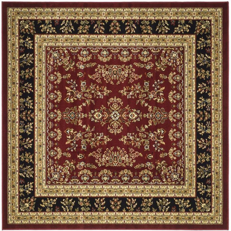 Red and Black Floral Safavid Style 6' Square Area Rug