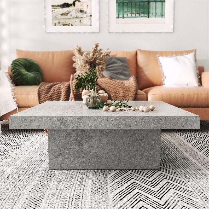 Carmelo 35.4 in Square Concrete Gray Wood Coffee Table