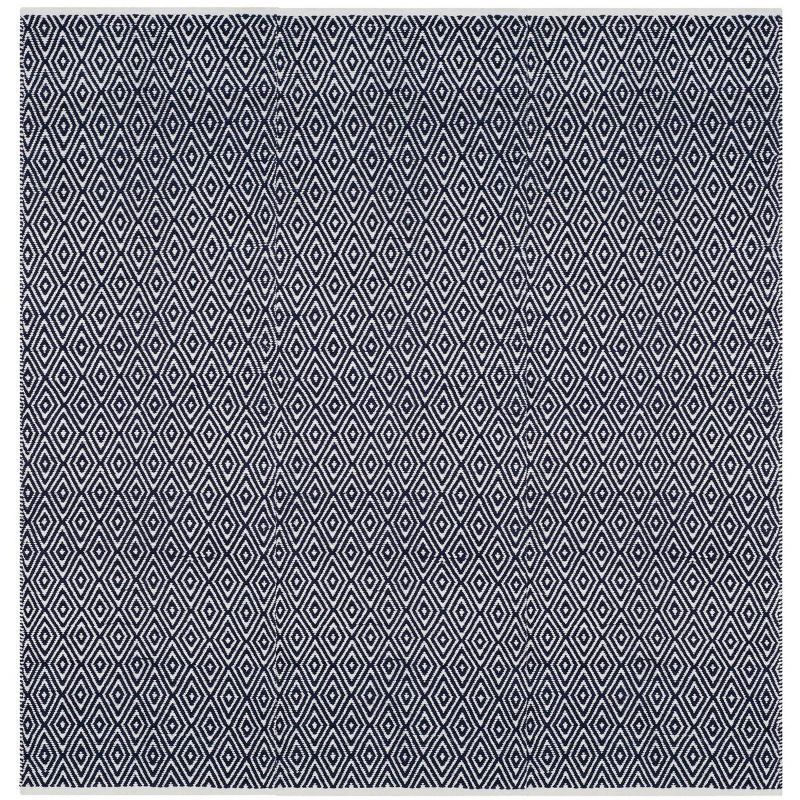 Navy Square Handwoven Cotton-Wool Blend Geometric Rug