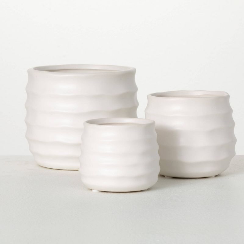 Matte Ivory Ribbed Ceramic Round Pots Set of 3