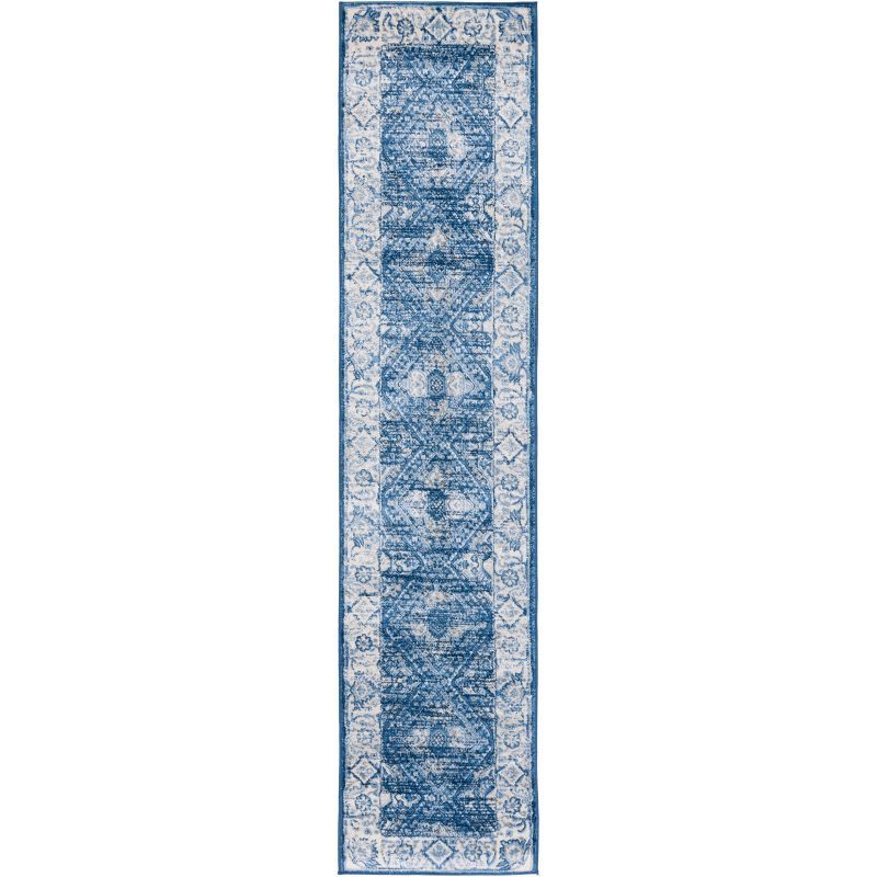 Ivory and Navy Hand-knotted Synthetic Runner Rug, 2' x 9'