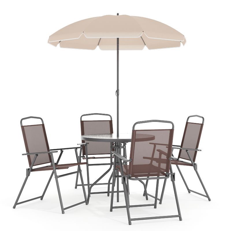 Nantucket Brown 6-Piece Patio Set with Glass Table and Umbrella