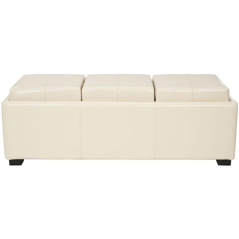 Flat Cream Leather Triple Tray Ottoman with Birch Wood