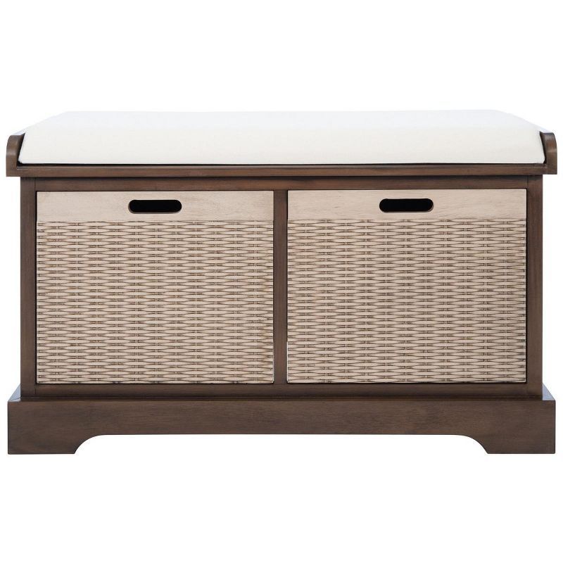 Contemporary Farmhouse Brown Storage Bench with Cushion and Basket Drawers