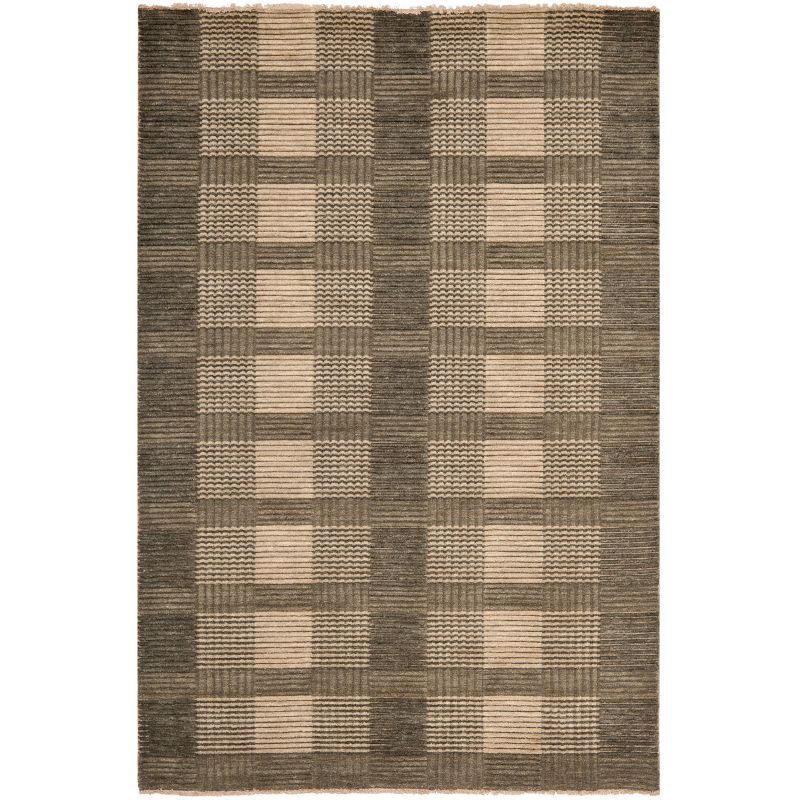 Gray Hand-Knotted Wool Plaid 4' x 6' Rug