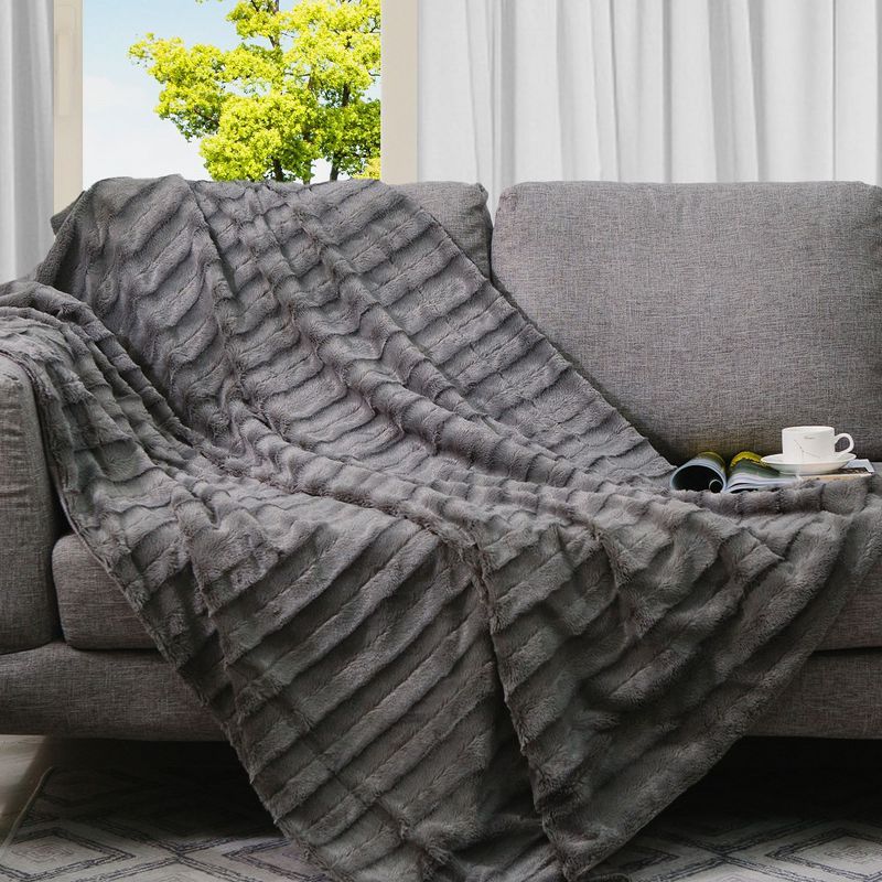 Gray Reversible Faux Fur and Microplush Throw Blanket