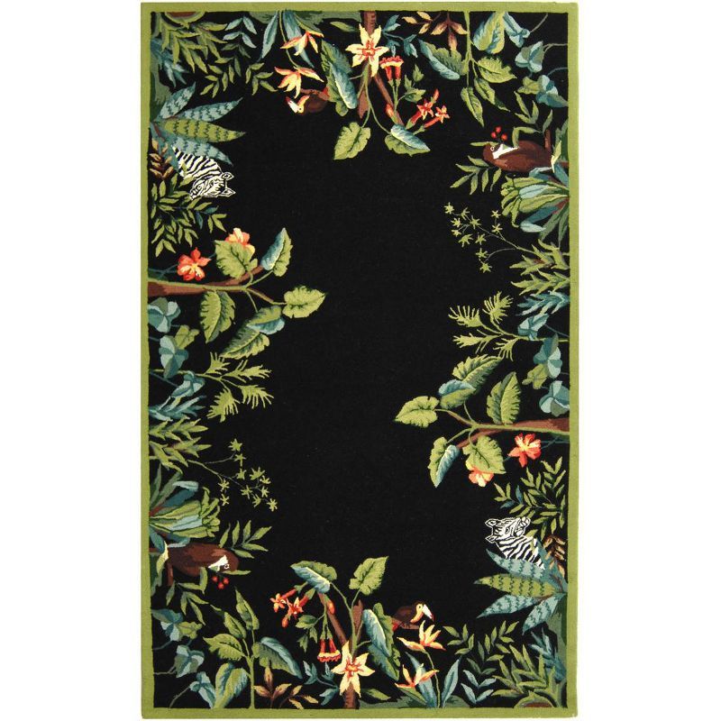 Handmade Black Floral Wool 6' x 9' Rectangular Rug