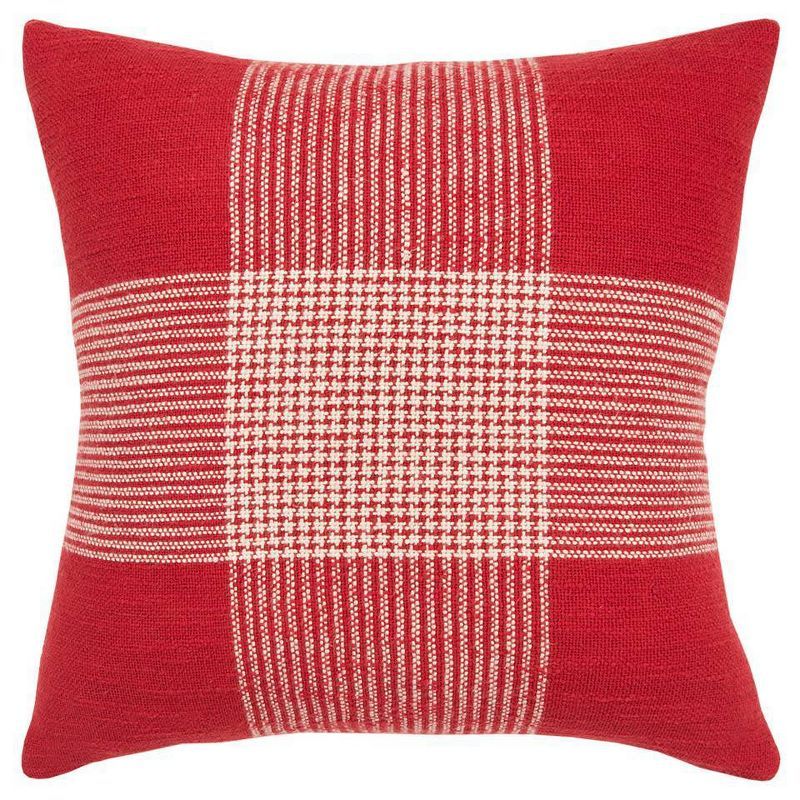 20" Red and White Woven Plaid Square Throw Pillow