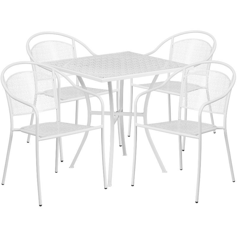 White 28" Square Steel Patio Table Set with 4 Round Back Chairs