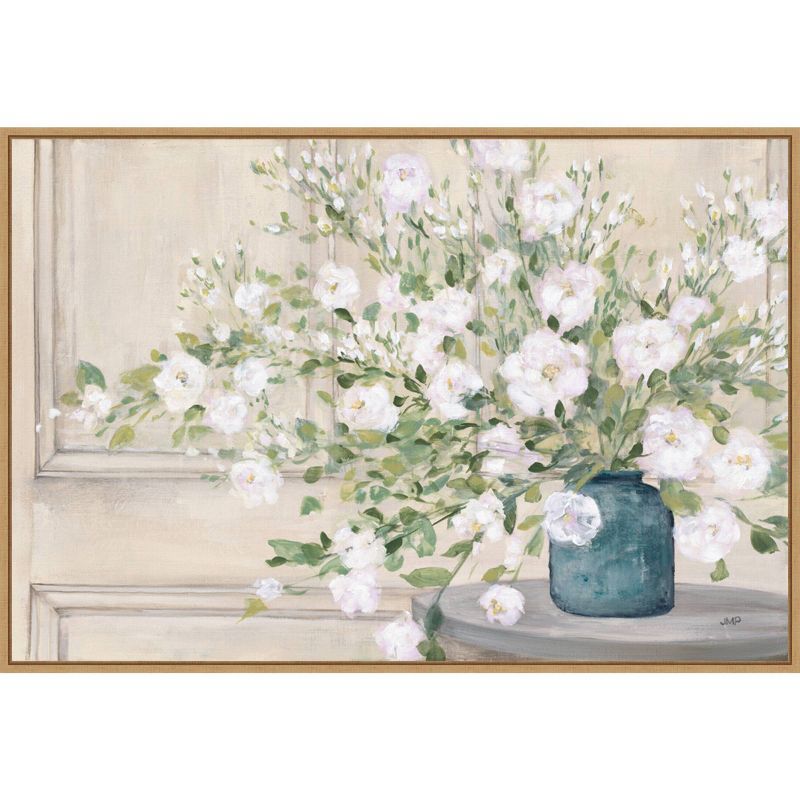 36" x 24" White Bouquet in Blue Vase Framed Canvas Print