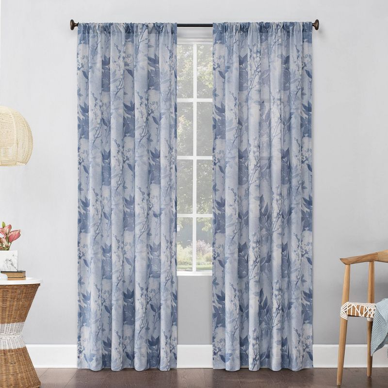 Hilary Blue Watercolor Floral Linen Blend Curtain Panel