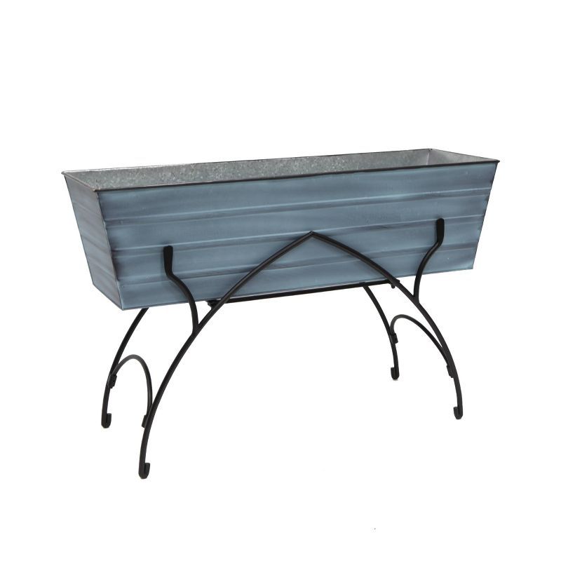 Nantucket Blue Galvanized Steel Flower Planter Box with Iron Stand