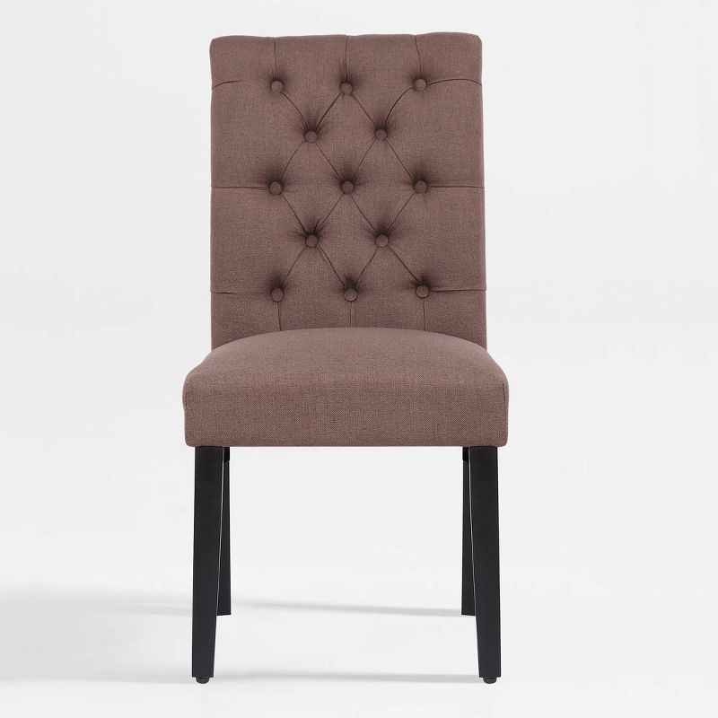 Brown Linen Upholstered Tufted Dining Side Chair with Rubberwood Legs