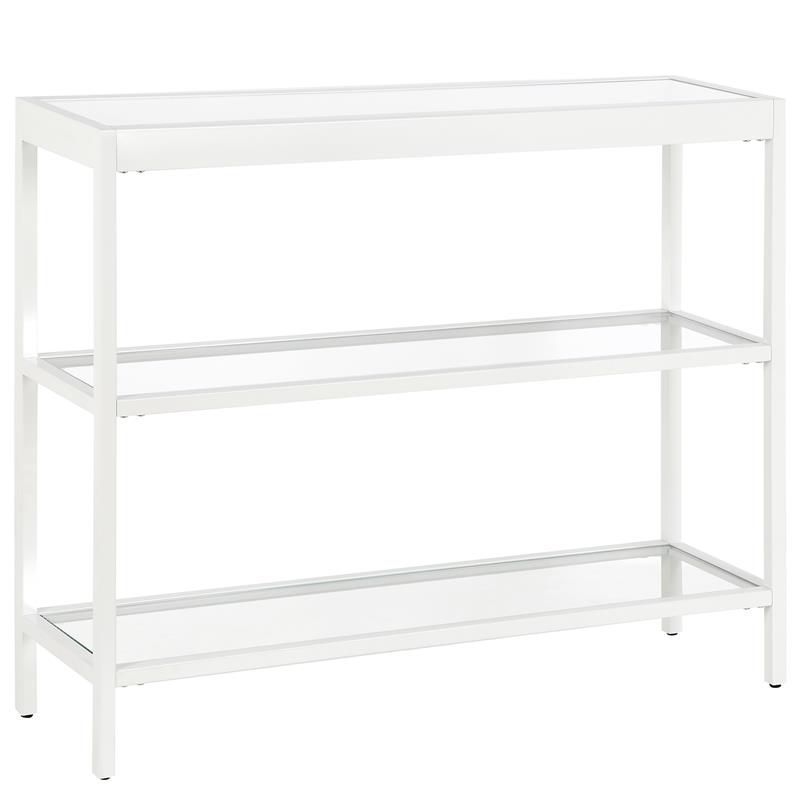 Streamlined White Metallic 36" Console Table with Tempered Glass Shelves