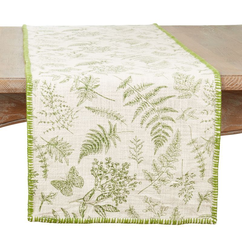 Green Cotton Leaf Whipstitch Table Runner, 16"x72"