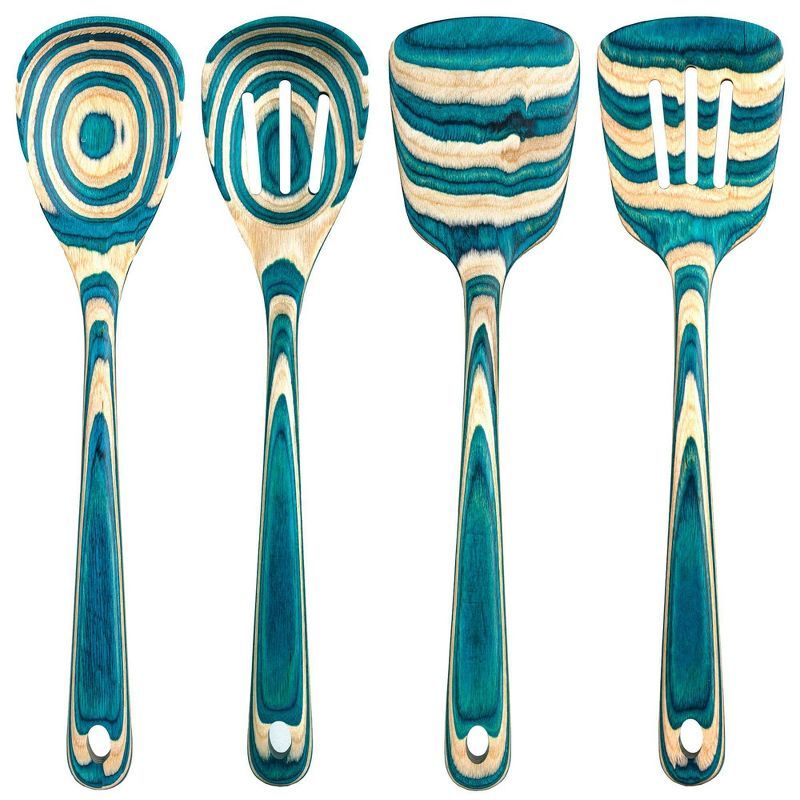 Baltique Mykonos Blue and Natural Wood 4-Piece Utensil Set