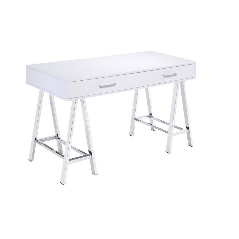 Modern White Wood Desk with Chrome Sawhorse Legs and Dual Drawers