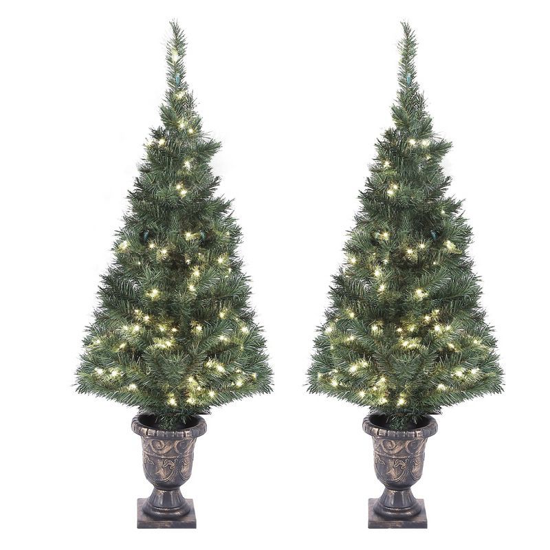 Set of 2 Pre-Lit Potted Pine Christmas Trees with LED Lights