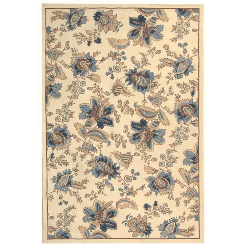 Ivory Floral Wool Hand-Hooked Rectangular Area Rug