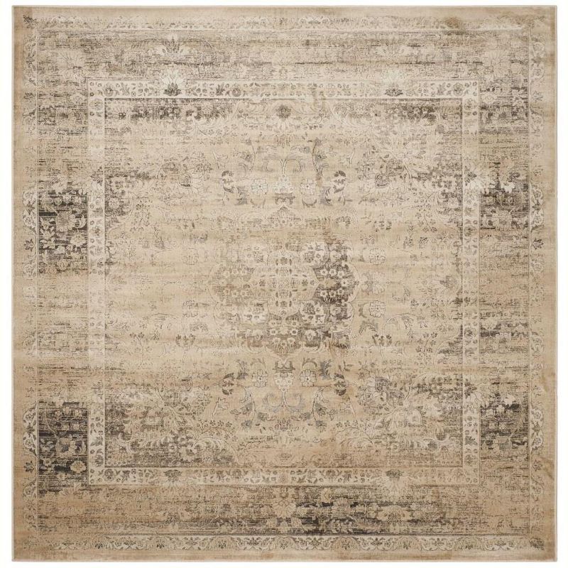 Warm Beige Floral Hand-Knotted Wool and Silk Square Rug