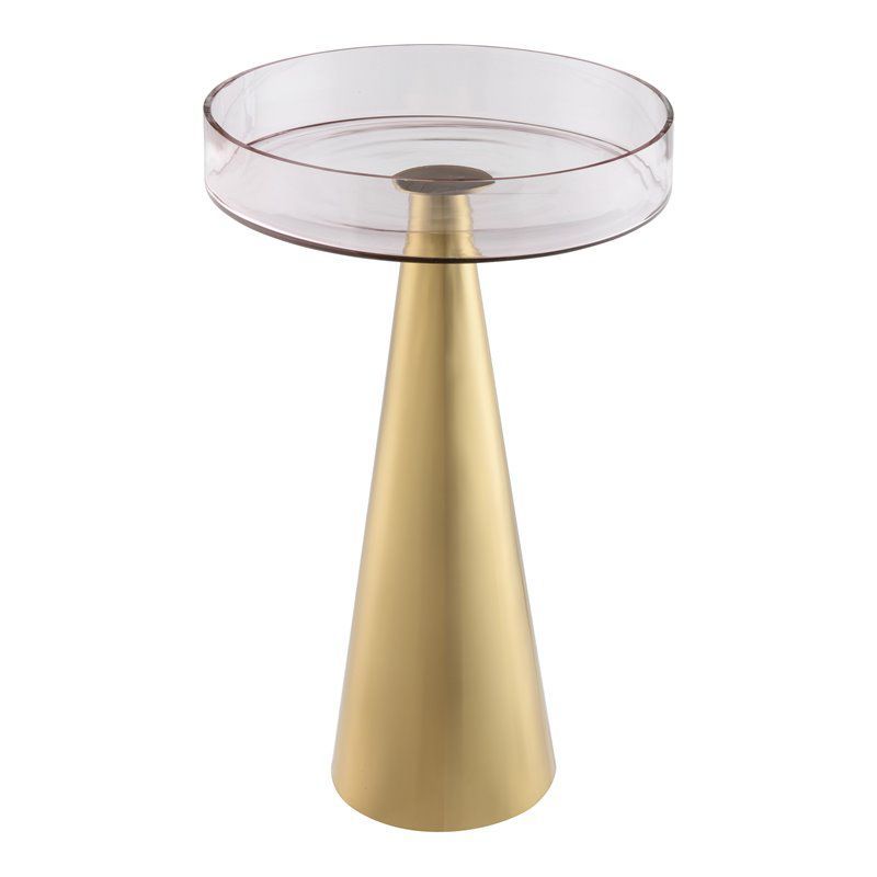 Blush Pink Glass and Gold Iron Round Accent Table