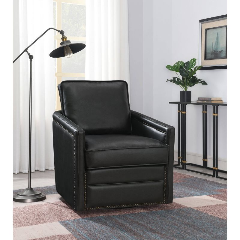 Rocha Black Leather Swivel Accent Chair with Wood Frame