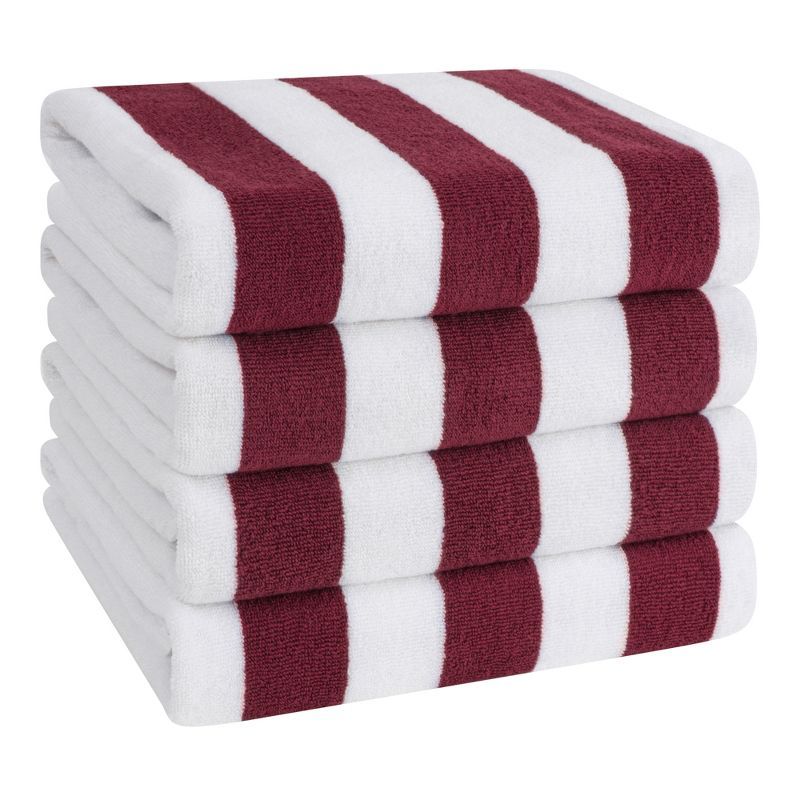 Bordeaux and White Cotton Cabana Striped Beach Towels, 30x60 Inches, 4-Pack