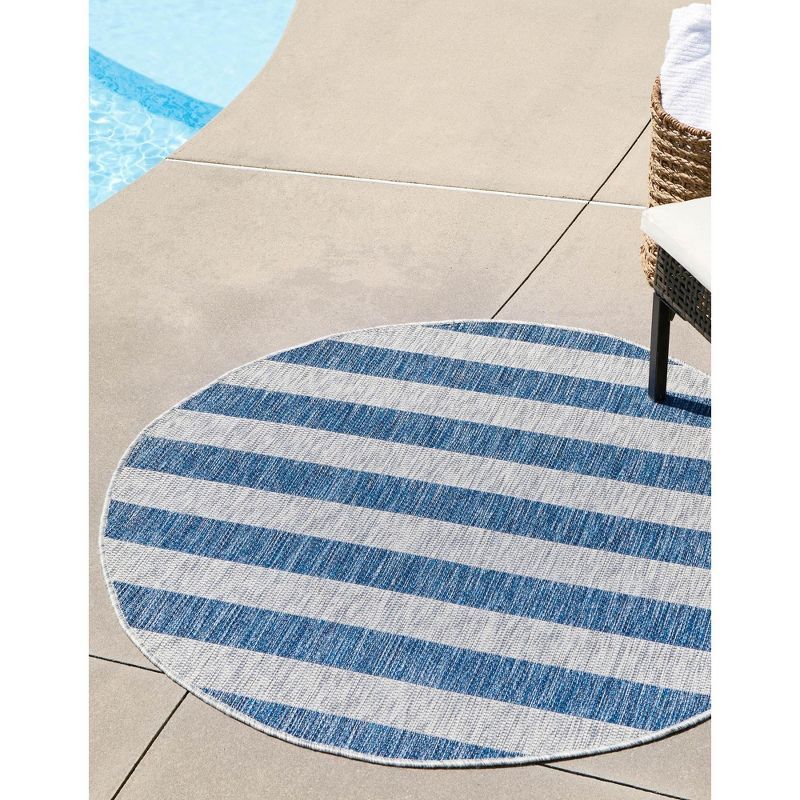 Blue and Gray Round Striped Outdoor Rug