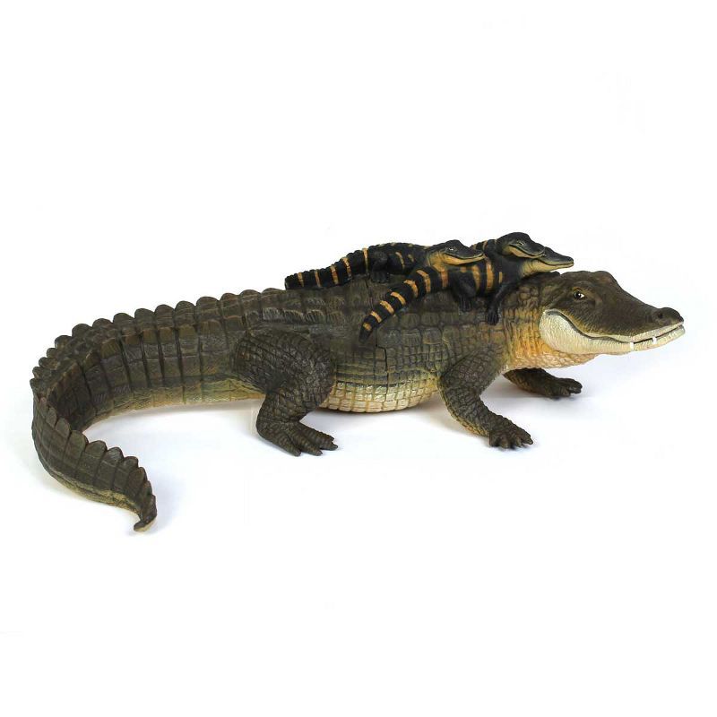 12" Moss Green and Mustard Yellow Alligator with Babies Figurine