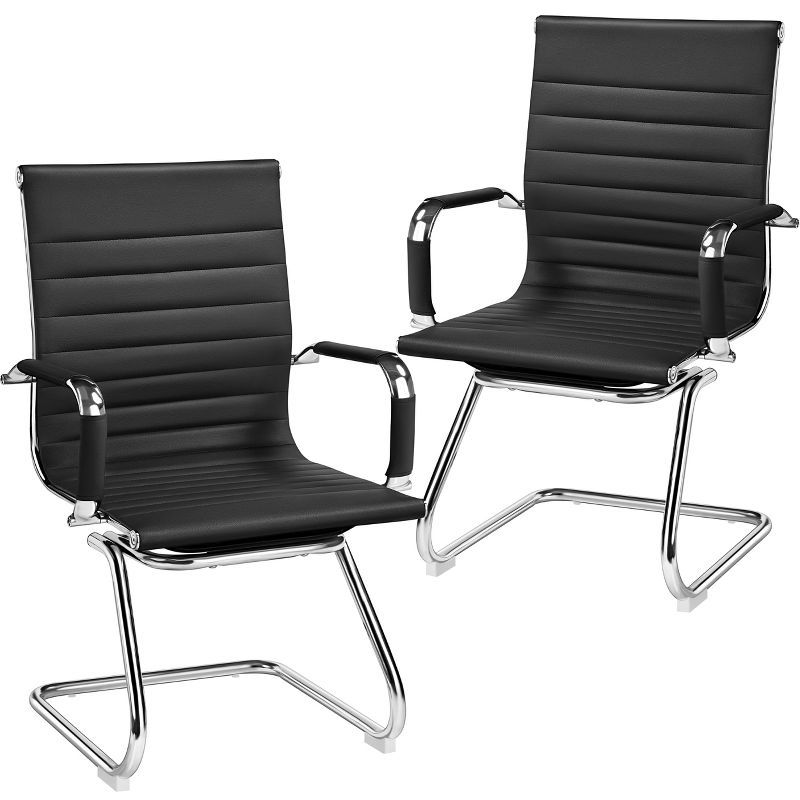 Black Faux Leather and Chrome Office Reception Chairs, Set of 2