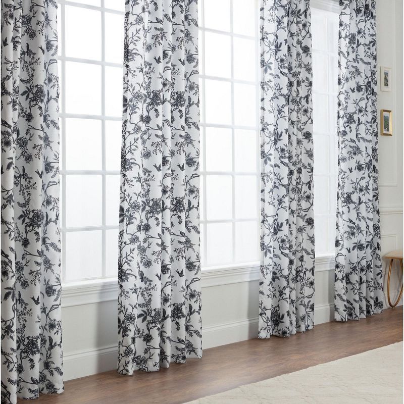 Charcoal Blooms Faux Linen Light Filtering Drapes, 2-Piece Set