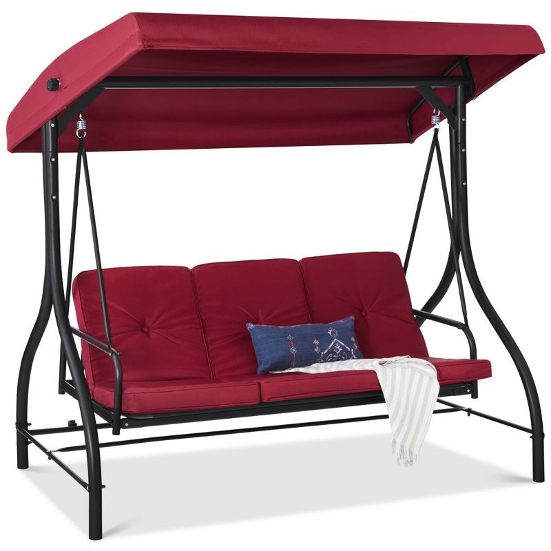 Burgundy Steel Frame 3-Seat Outdoor Canopy Swing Glider