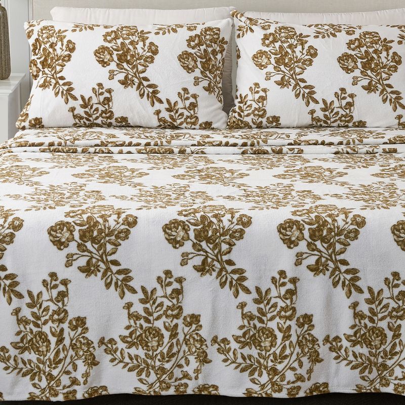 Full Olive Toile Print Velvet Plush Microfiber Sheet Set