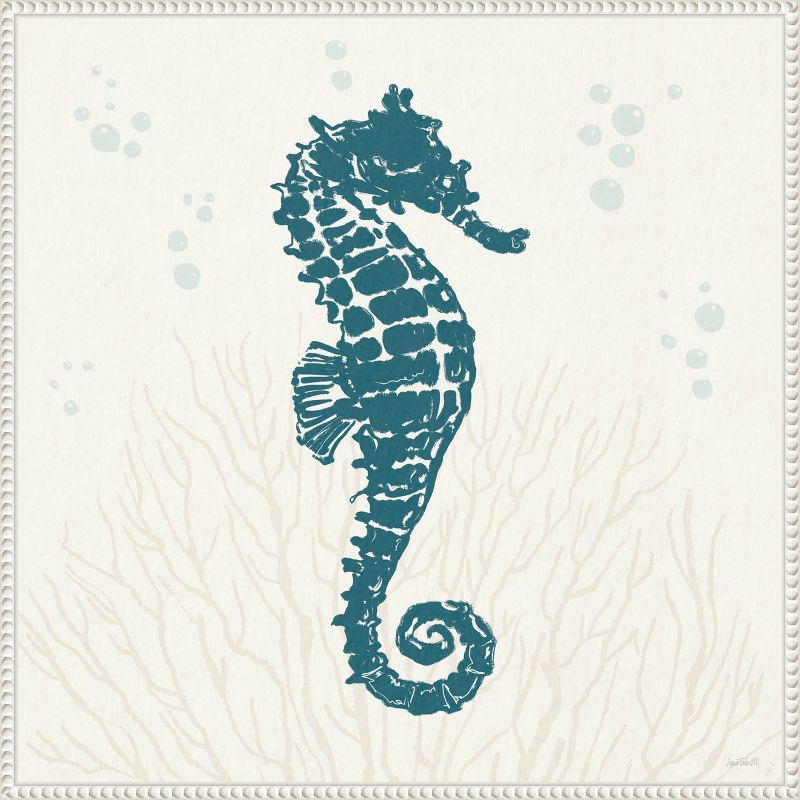 Nautical Blue Seahorse Print on Beaded Canvas Frame