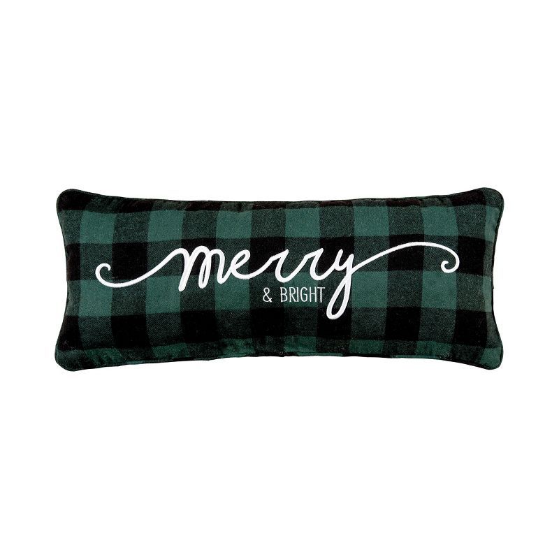 Green and Black Merry Embroidered Rectangular Throw Pillow