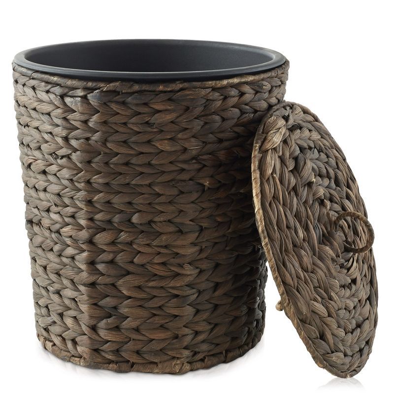 Espresso Water Hyacinth Woven Bathroom Trash Can with Lid