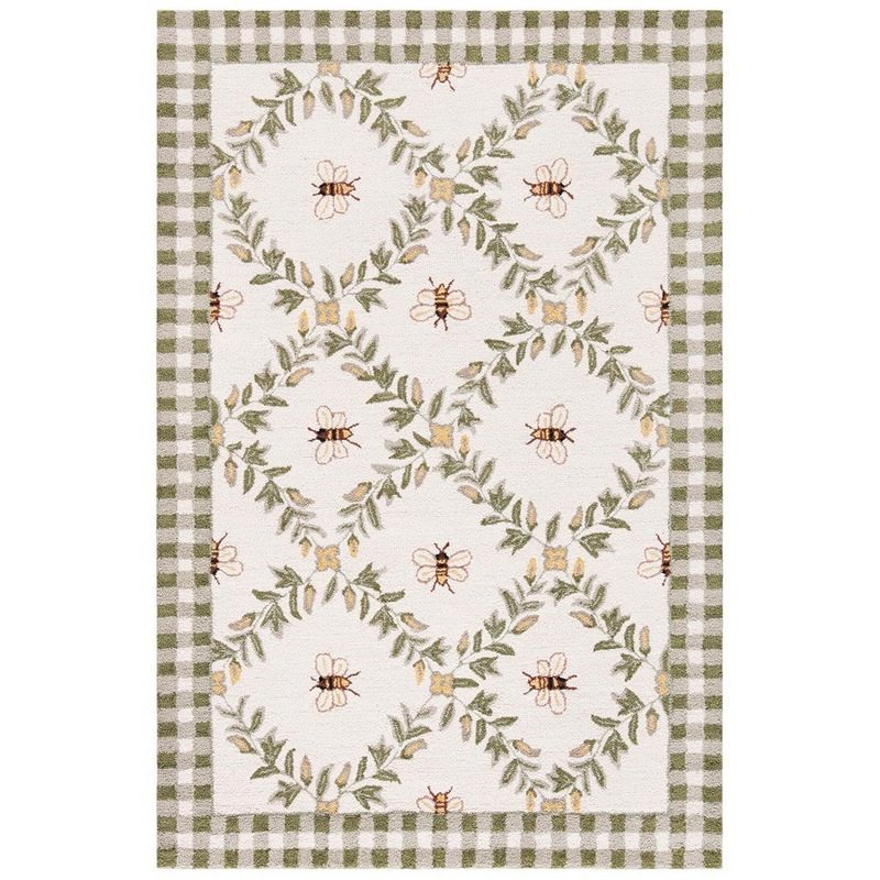 Handmade Ivory and Green Floral Wool Area Rug