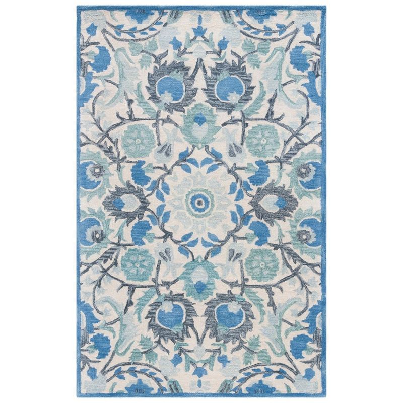 Ivory and Blue Hand-Tufted Wool Area Rug, 5' x 8'