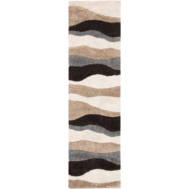 Ivory and Grey Shag Runner Rug with Wave Pattern