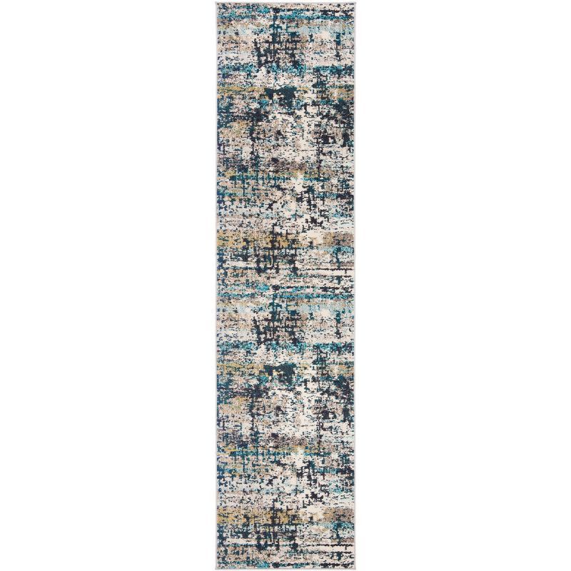 Blue and Cream Synthetic Flat Woven Runner Rug