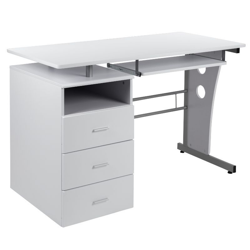 Executive White and Silver Desk with Keyboard Tray and Drawers