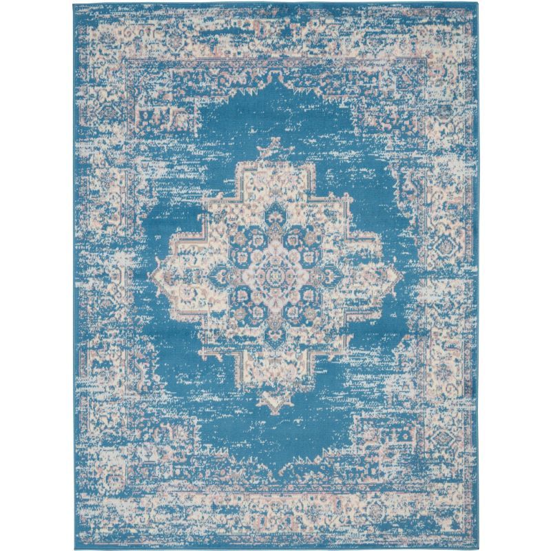 Elegant Medallion Tufted Round Blue 5'3" x 7'3" Synthetic Rug