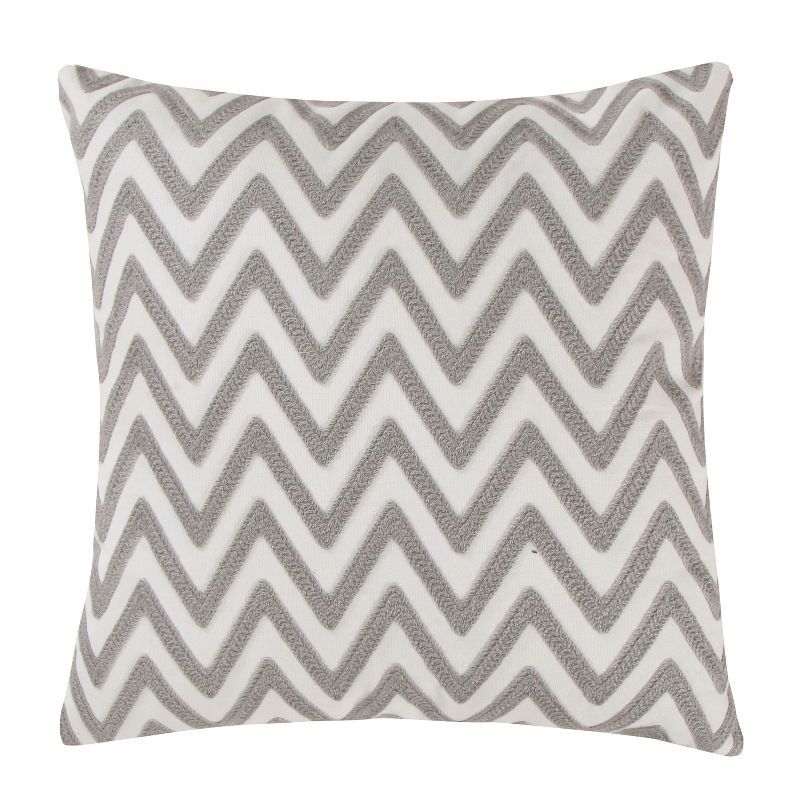 18" Gray and White Embroidered Chevron Square Pillow