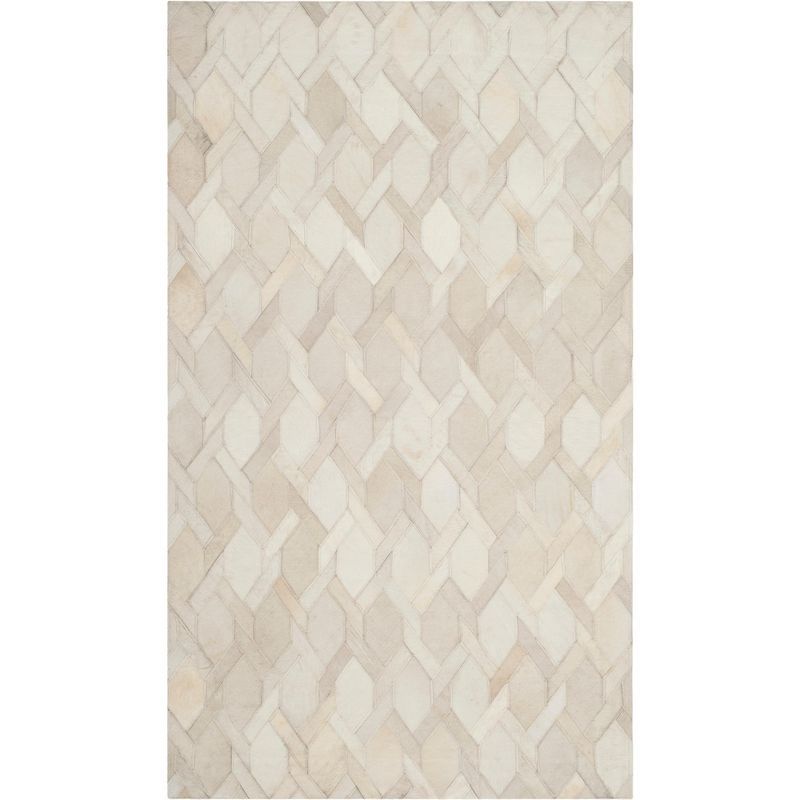 Ivory Geometric Hand-Knotted Cowhide Area Rug 3' x 5'