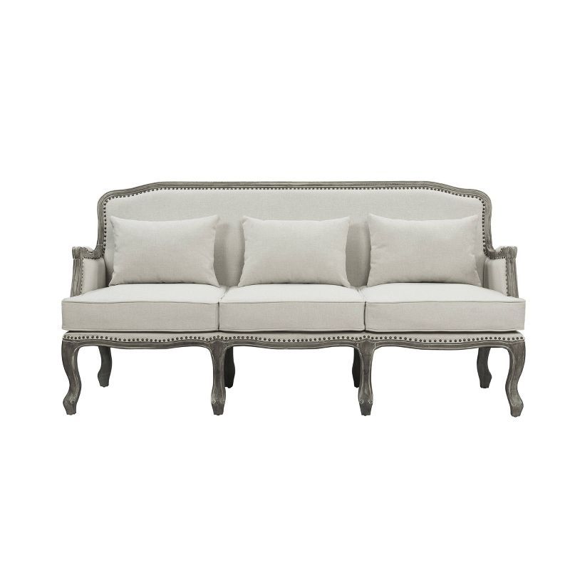 Tania Cream Linen Sofa with Nailhead Trim and Carved Wood Legs